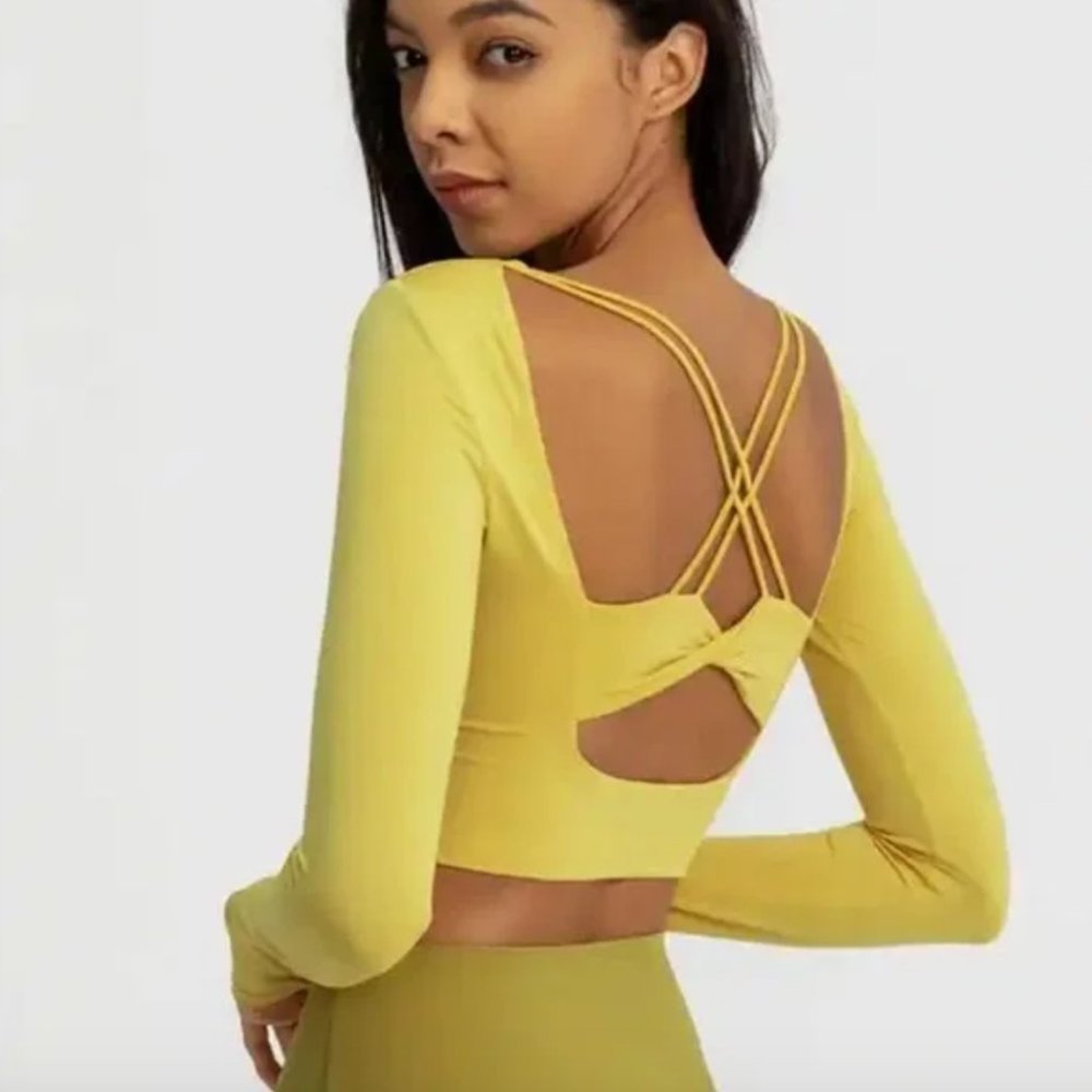 Cross open back yellow long sleeve work out Pilates top